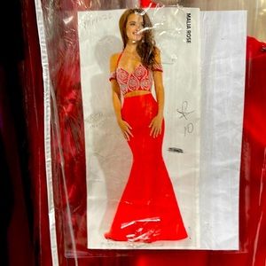 2 piece formal gown. The beaded bodice is a halter as well as off the shoulder.